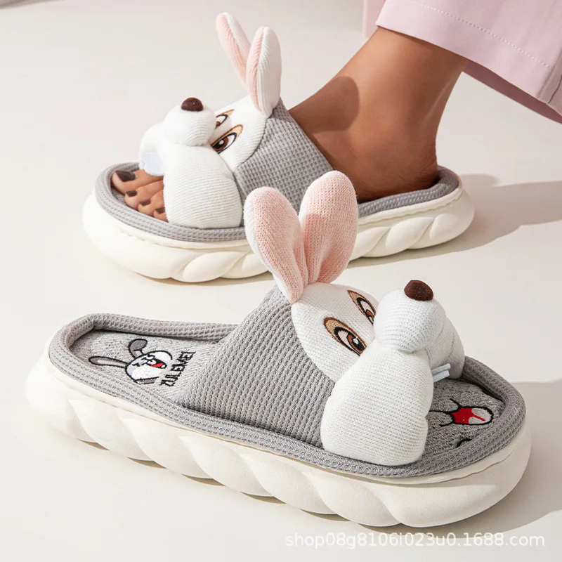 Fashion 2024 Summer Cute Cartoon Rabbit Design Antiskid Fur Style Linen shoes Cloud Girls Ladies Slides Slippers for women