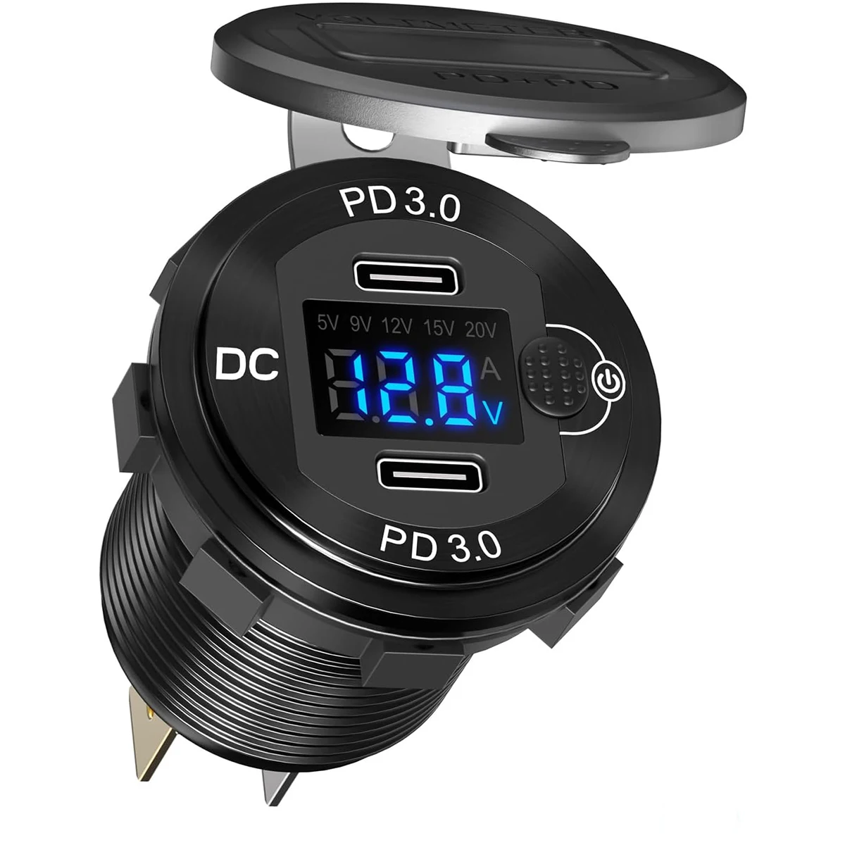 A75 hot selling usb car charger Aluminum shell dual Type C PD 30W with voltmeter Ammeter and button switch
