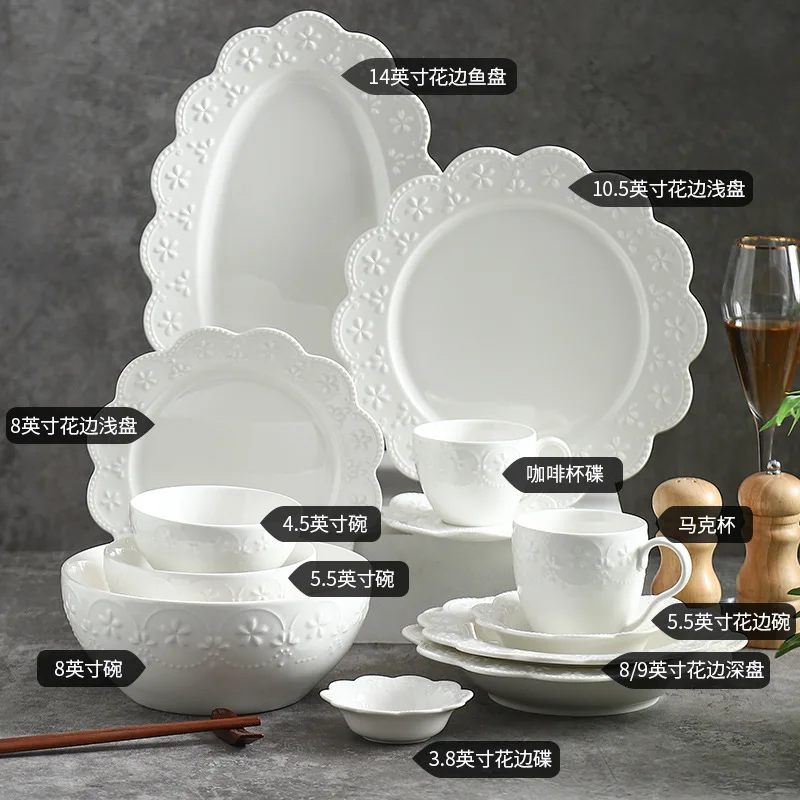 Floral Embossed Luxury Dinnerware Set Restaurant Quality Ceramic Elegant White Design Dinner Plate Collection