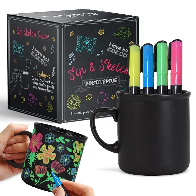 Doodle Kids Mug with Washable Liquid Chalk Markers Repeat Use DIY Mug Paintable Black Ceramic Chalkboard Coffee Mug 11oz