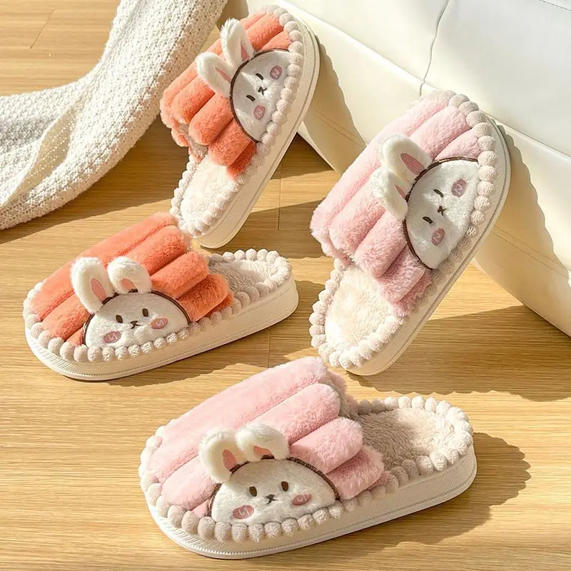 Cute Rabbit Couple Cotton Slippers Female Winter Student Dormitory Stay at Home Anti-slip and Warm Fur Furry Slippers
