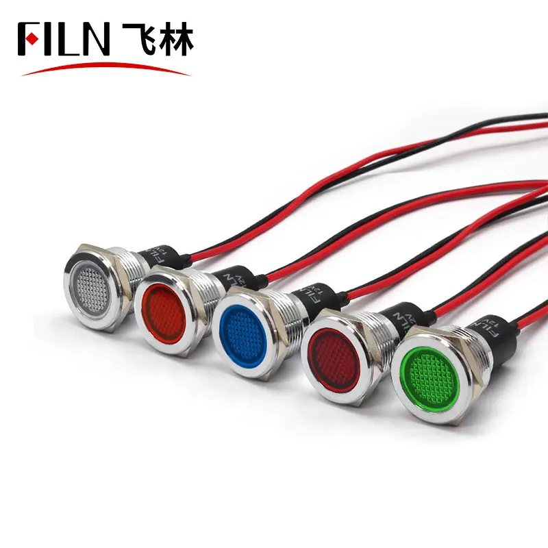 FILN 19mm miniature led indicator lamps, wire leading antivandal waterproof indicator IP67 flat head red green 12V with symbols