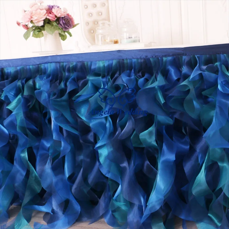 SK010M different design Christmas birthday party royal blue navy blue and green mixed organza curly willow table skirt