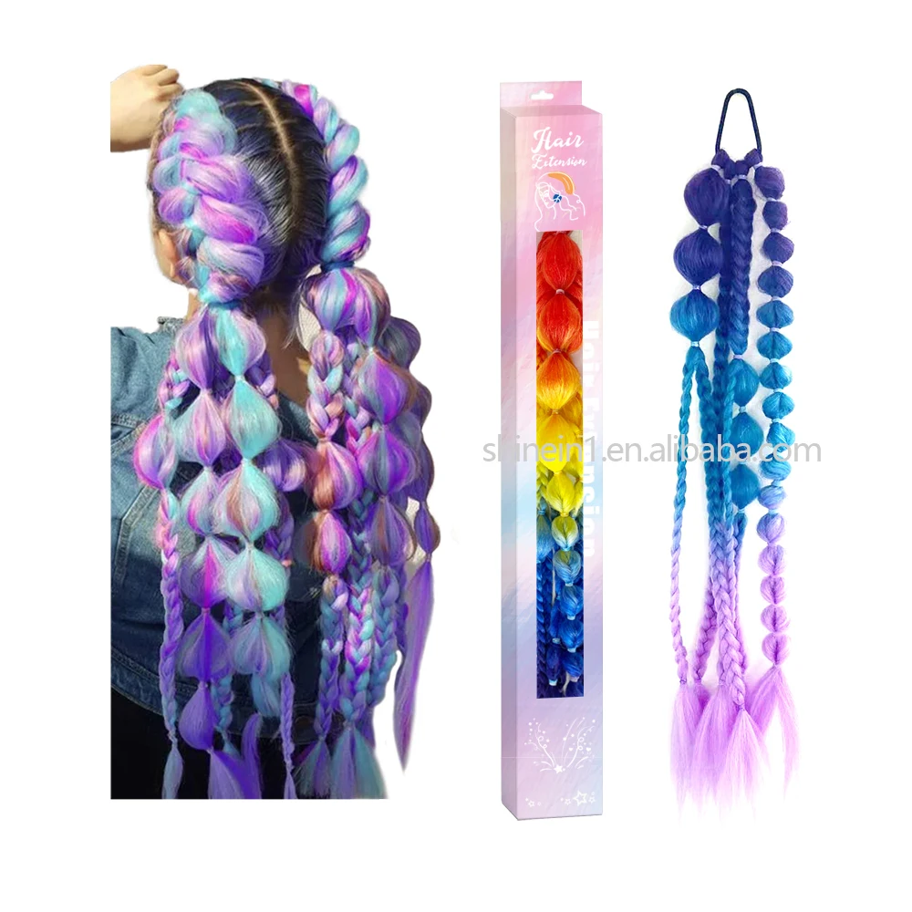 Shinein 24in Handmade Synthetic Color Bubble Braided Ponytail Ombre Hair Extensions Cosplay Kinky Straight Stick
