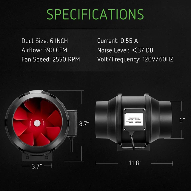 AC Motor 395CFM inline fan 6 dimmable fan inline  fan duct quiet for grow tent