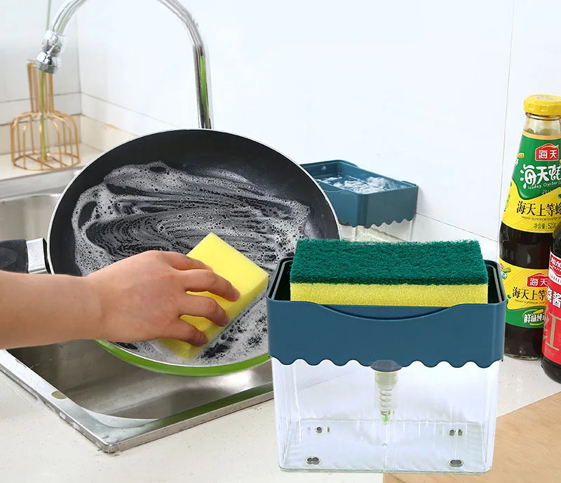 Cheap manual liquid soap dispenser  kitchen sponge holder and soap dispenser 2 in 1 sponge rack shelf soap detergent dispenser