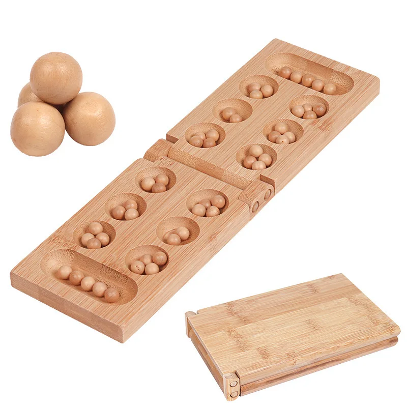 Africa Mancala Board Game with Colorful Natural Stones Pebbles Folding Wooden Board Chess Set for Kids Adult Puzzle Toy