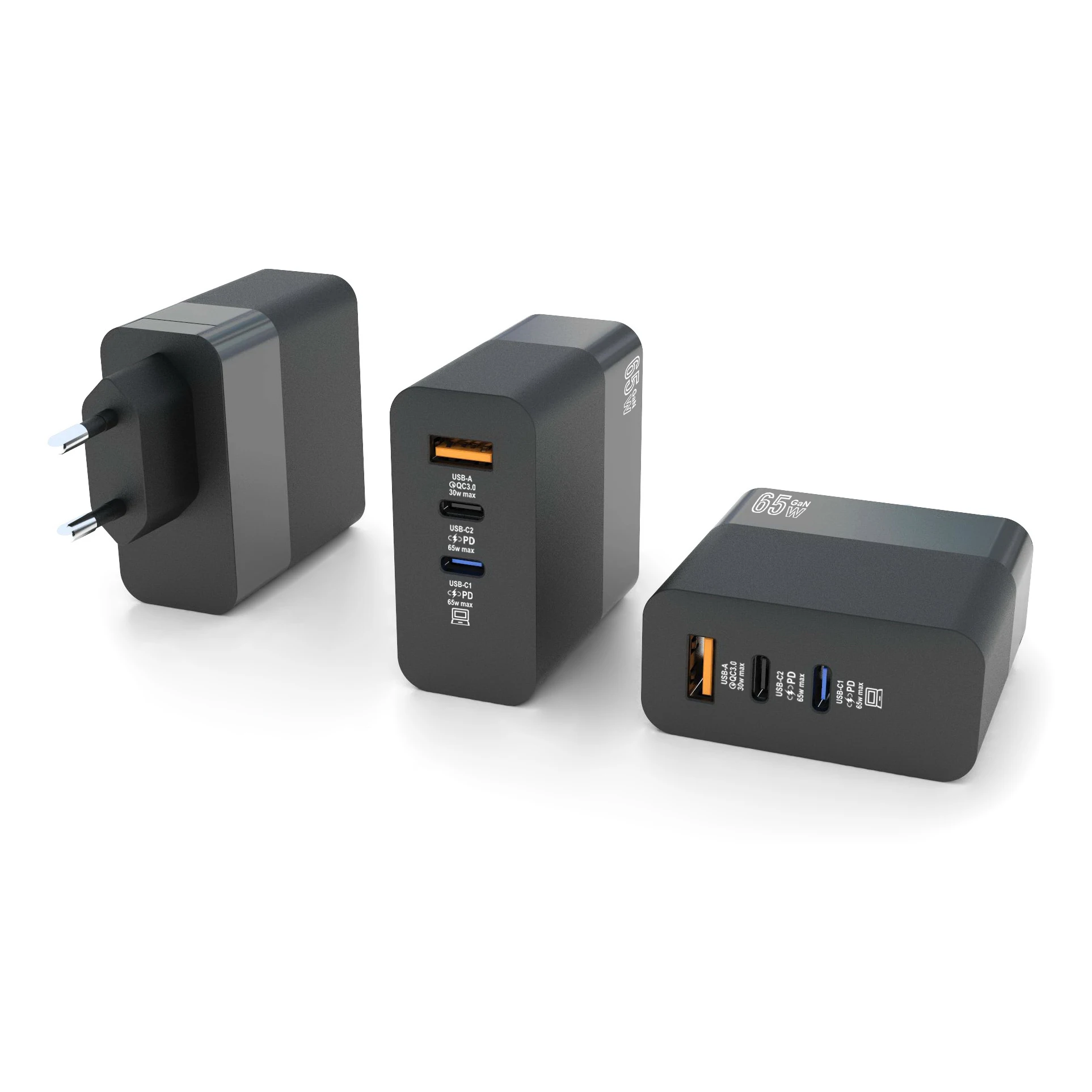 New 65W US EU CE&FCC&RoHS authentication Gallium Nitride GaN Fast Charging GaN 3 USB QC3.0+PD+PD Charger