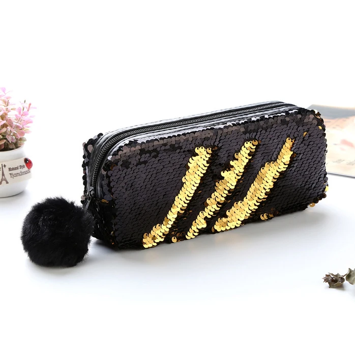 Glitter Cosmetic Bag Mermaid Spiral Reversible Sequin Students Pencil Case Girls Women Handbag Purse Make Up Pouch Pompon Zip