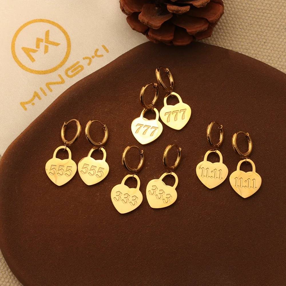 Trendy Stainless Steel 111-999 Lucky Number Heart Earrings Jewelry Bulk Wholesale Waterproof Tiny Heart Angel Number Earring