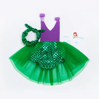 
Baby Princess Costume Infant Clothes Kids Sequins Halloween Mermaid Costume Lace Halter Romper Sunsuit Clothes With Headband 