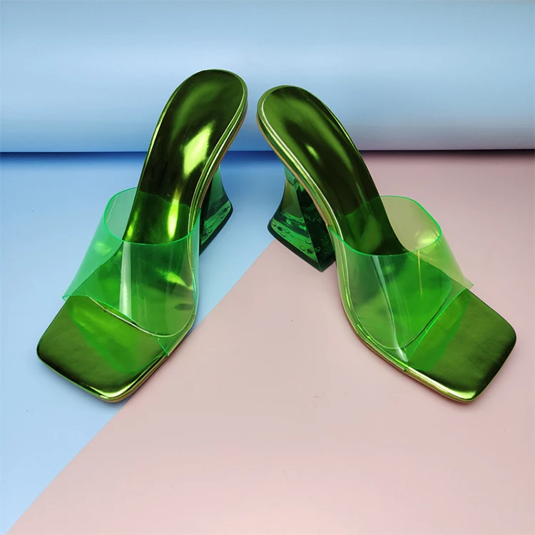 New Arrivals 2021 Shoes Square Toe Crystal Transparent Sandal Heels For Ladies PVC Slip On Womens Colorful Slippers