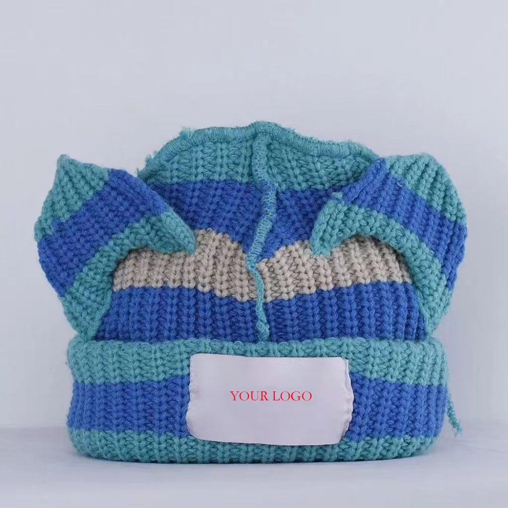 Custom Animal Design Distressed Cute Cat Ear Chic Women Winter Knit Beanie Hats with Ears for Girls