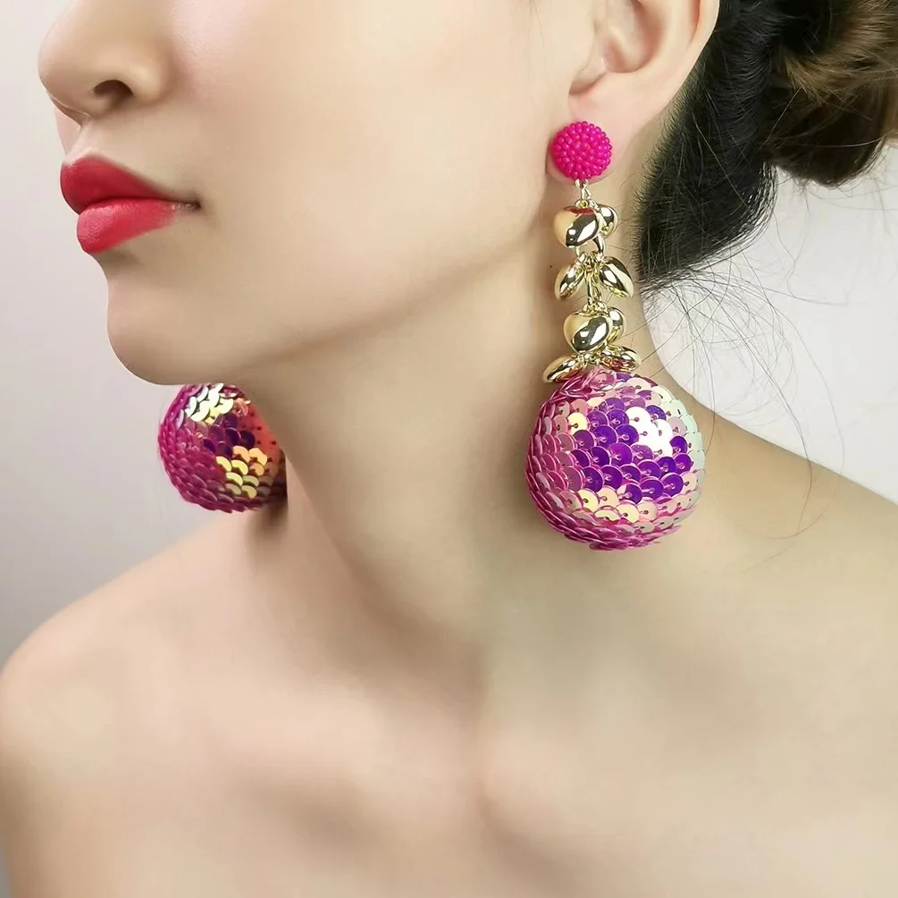 Creative Fashion Jewelry Flowers Mermaid Sequins Disco Round Ball Pendant Earrings Shiny Exaggerated Drop Earring Wholesale