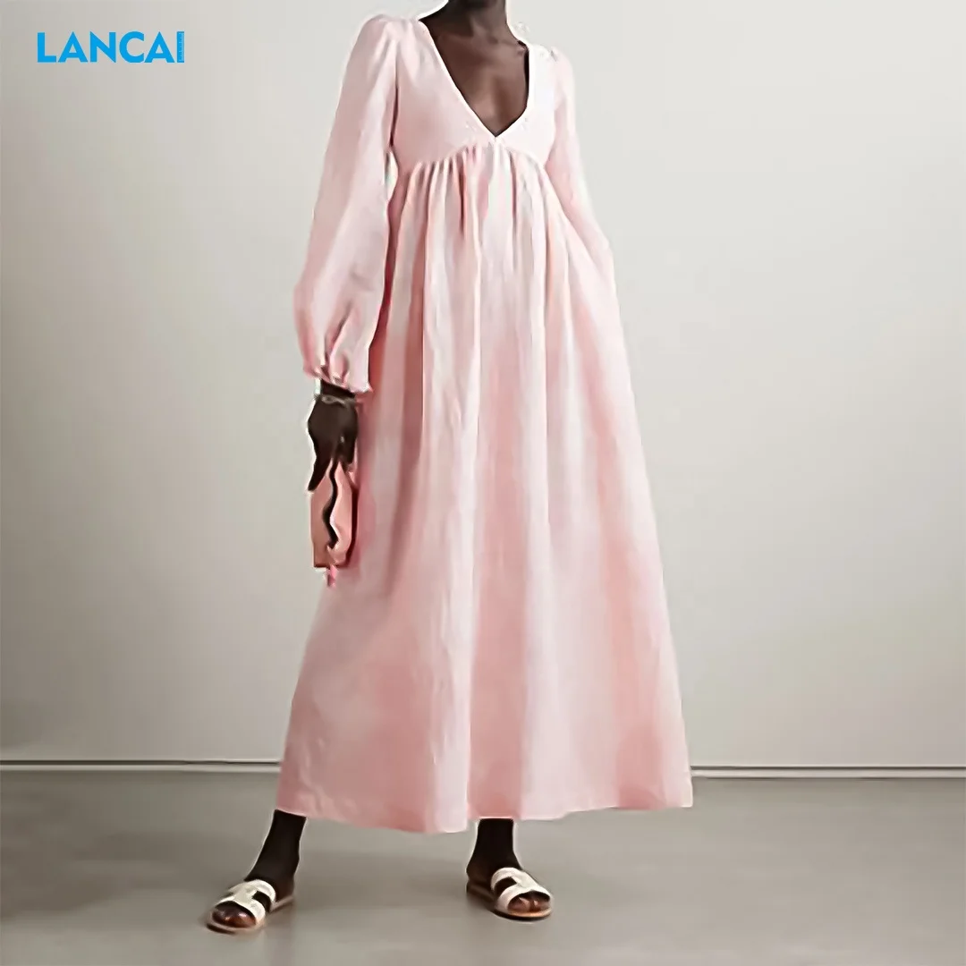 Custom Summer Clothing Elegant Vintage V-neck Maxi Ladies Long Sleeve Women Casual Dresses Linen Dress