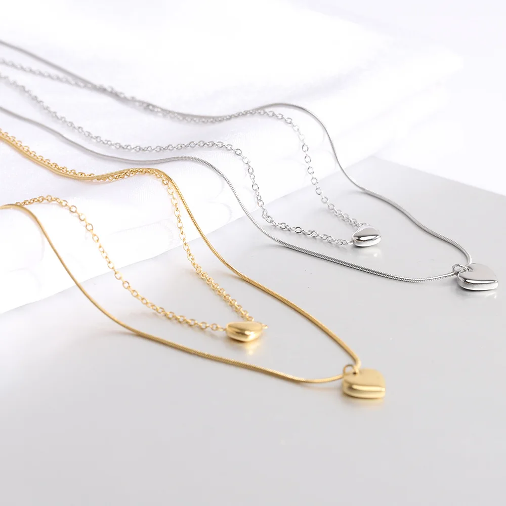 Trendy Stainless Steel Double Layer Love Heart Necklace Jewelry Women Titanium Steel Heart Necklace