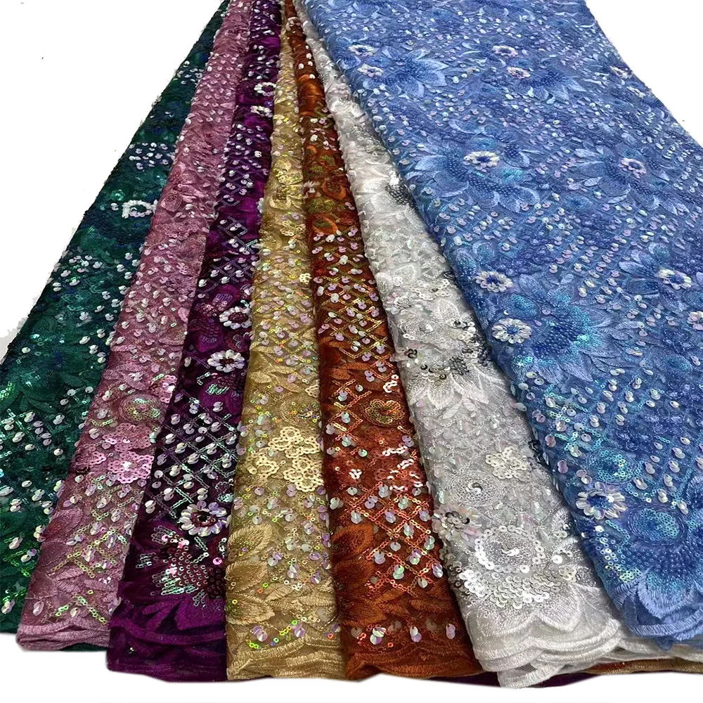2022 Latest Nigerian Net Sequin Lace Beaded Fabric Floral Mesh Luxury Design Material for Sewing African Women Party Night Dress