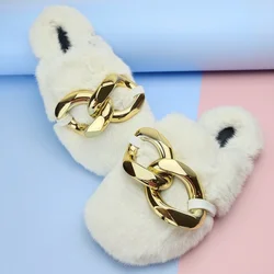 Wholesale Women Slipper 2022 Winter Indoor Slippers Furry Fuzzy Warm Gold Chain Decor Luxury Fur Slides Fox Fur Slides For Women