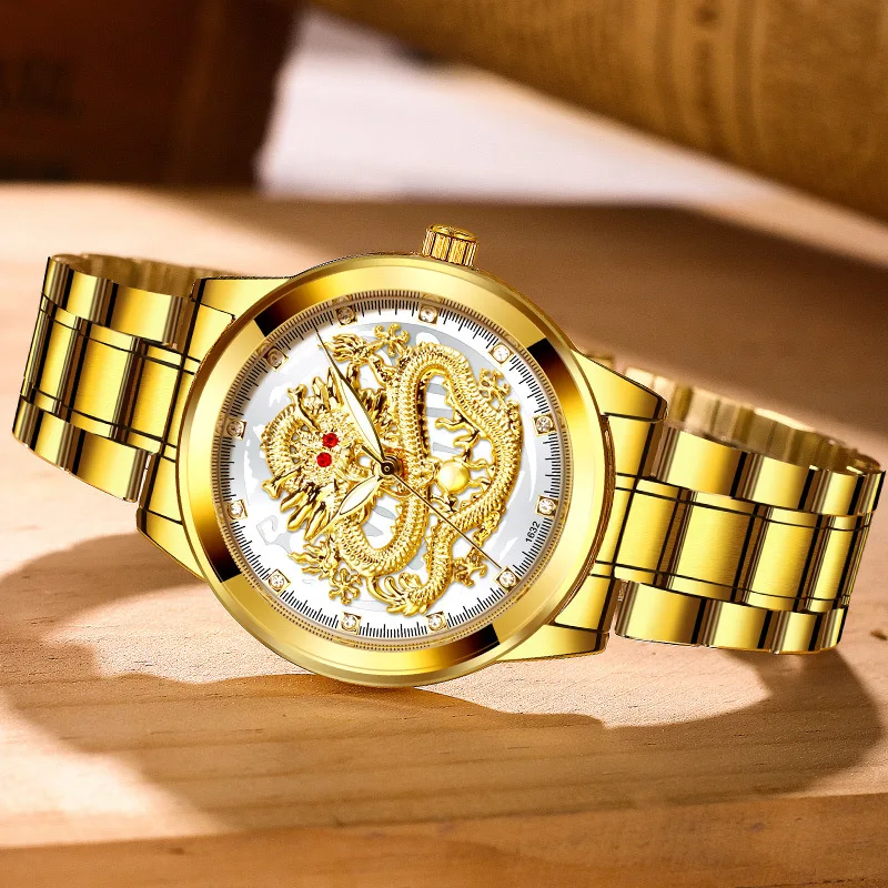 Luxury Gold Mens Watches Top Brand Fashion 3D Dragon Face Wristwatches Men Business Dress Watch Relogio Male