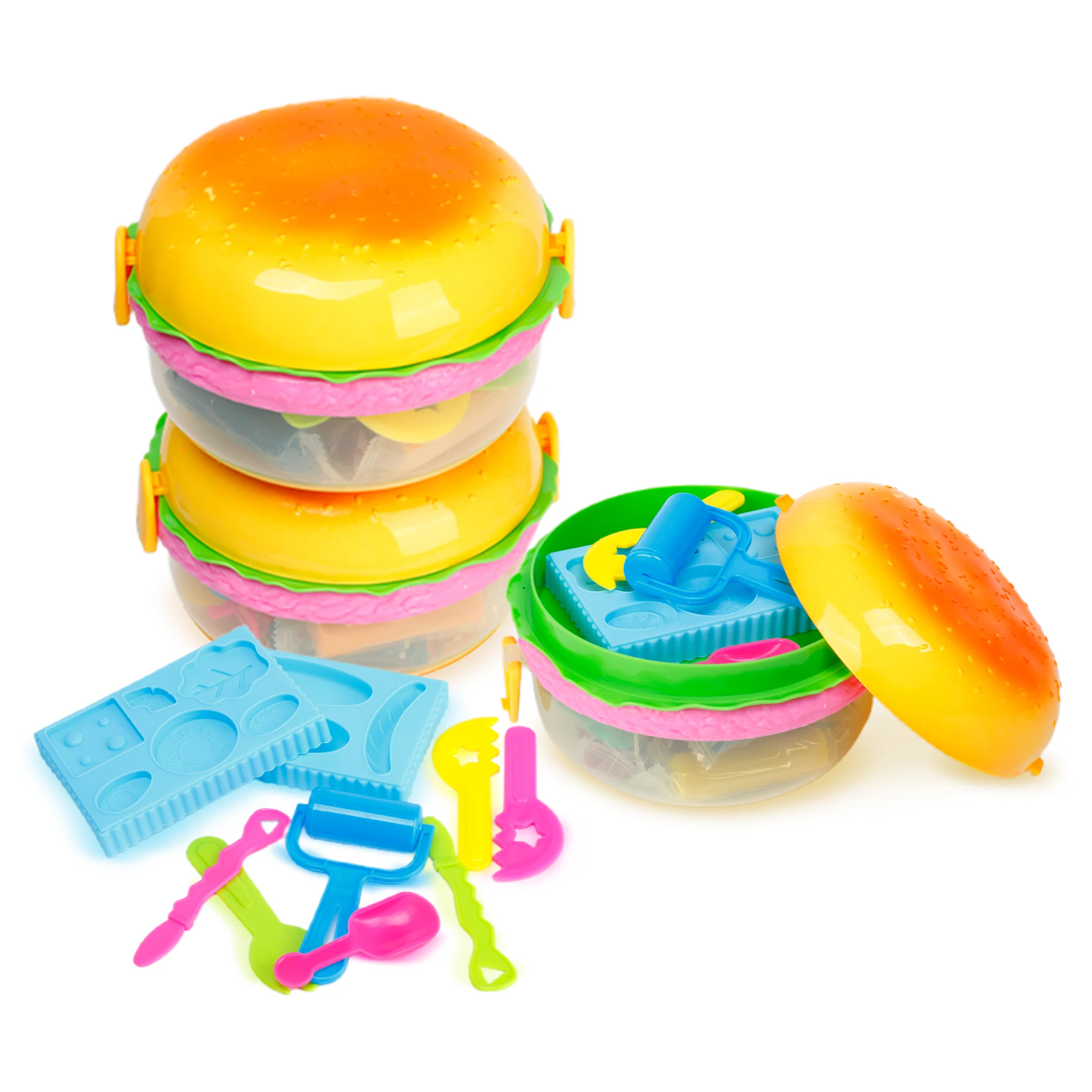 Hamburger Shape Playdough Set with Molds DIY Creative Clay Craft Kit for Kids Fun Modeling Dough Toy with Plastic Burger