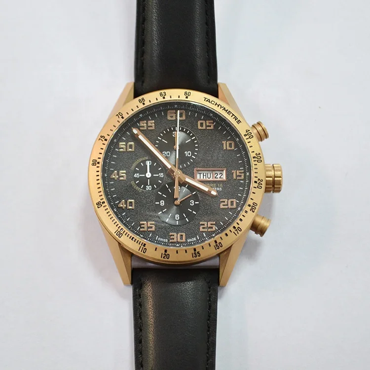 New Arrival Watch Matt Bronze Case Sand Dial Black Genuine Leather Strap With Butterfly Buckle Chronnograph Watch For Men