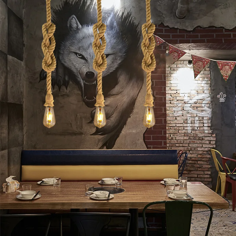 Contemporary Decorative Vintage Hemp Rope Lighting Fixtures Chandeliers & Pendant Lights Led Hanging Light Hotel Modern