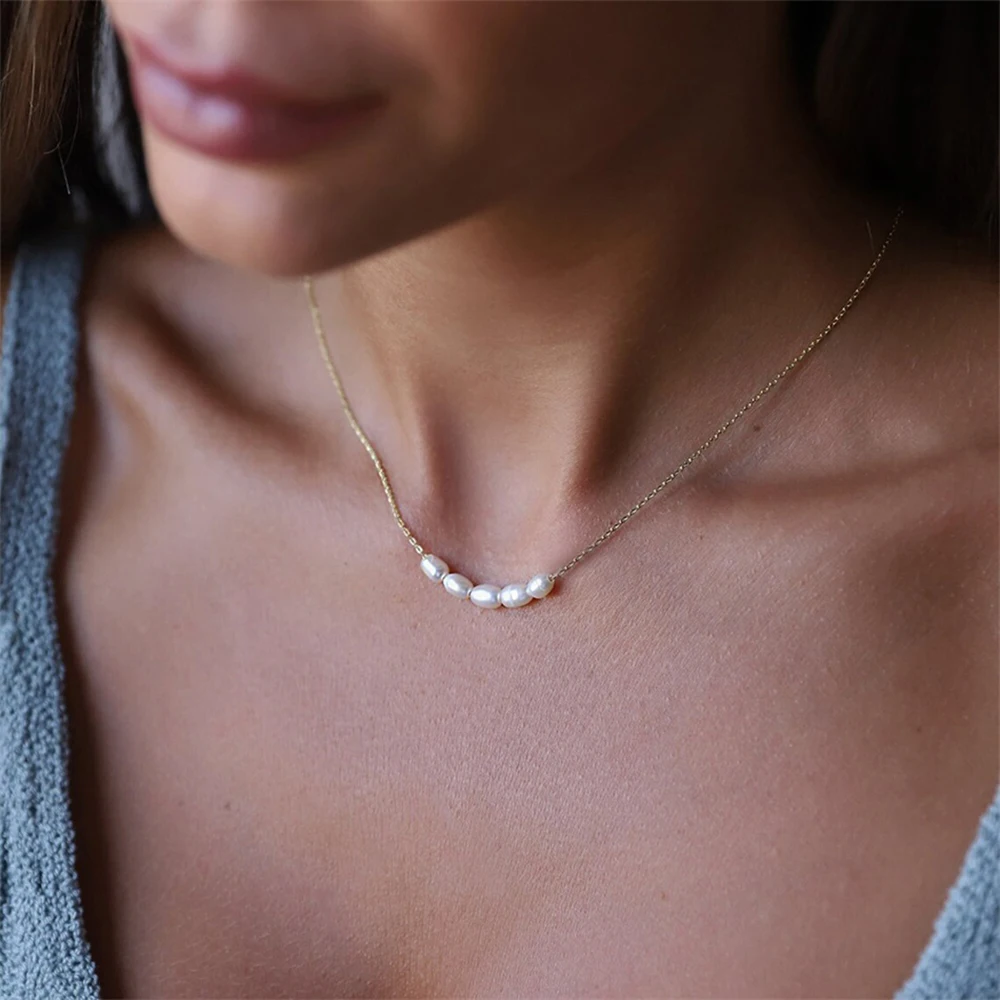 eManco 5 Natural Pearl Necklace Freshwater Pearl Beads Clavicle Necklace Smile Shape Stainless Steel Jewelry Wholesale