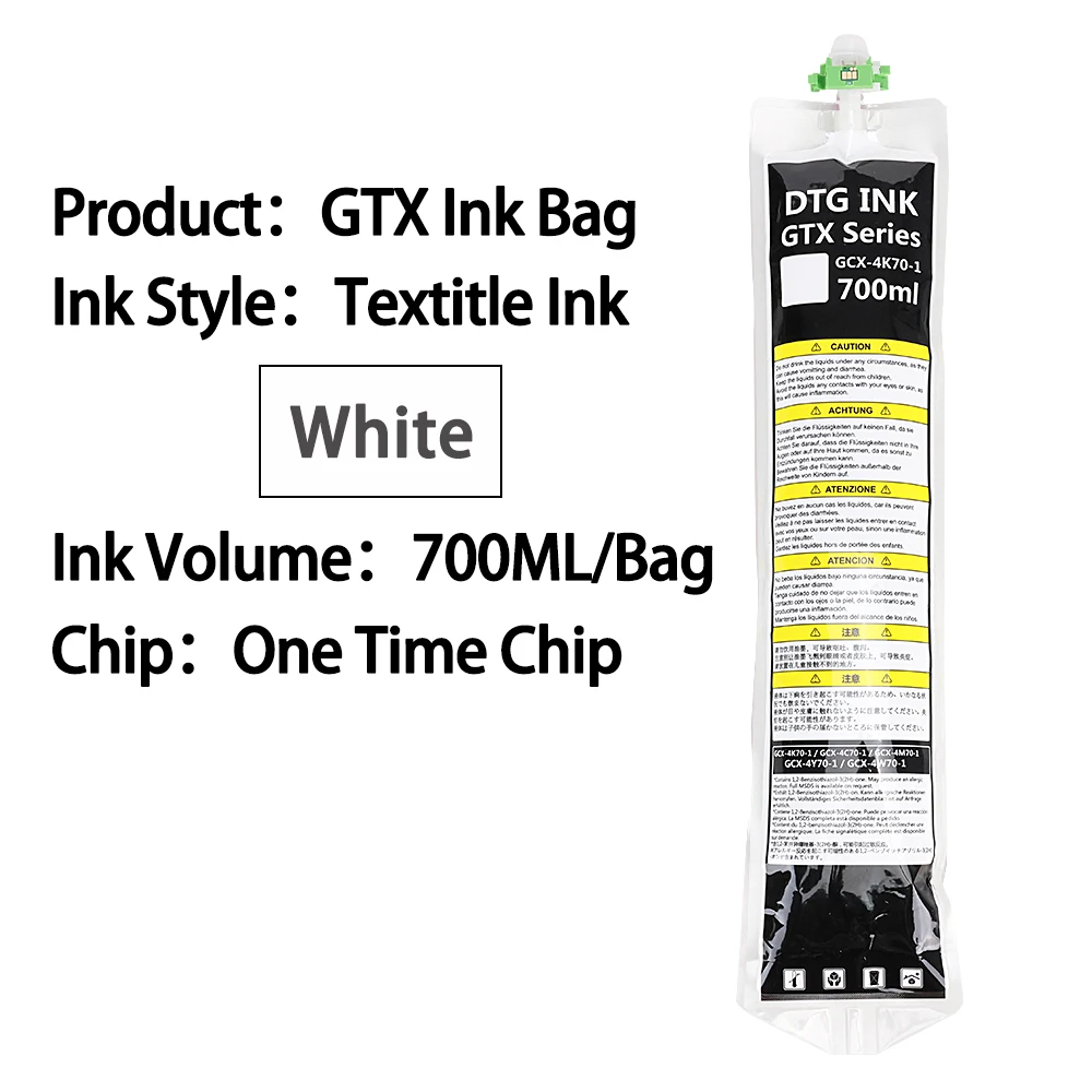 700ML/Bag GTX White DTG Textile Ink Bag With Chip For Brother GTX Ink GTX-600 422 400 423 424 425 GTX PRO DTG Printer
