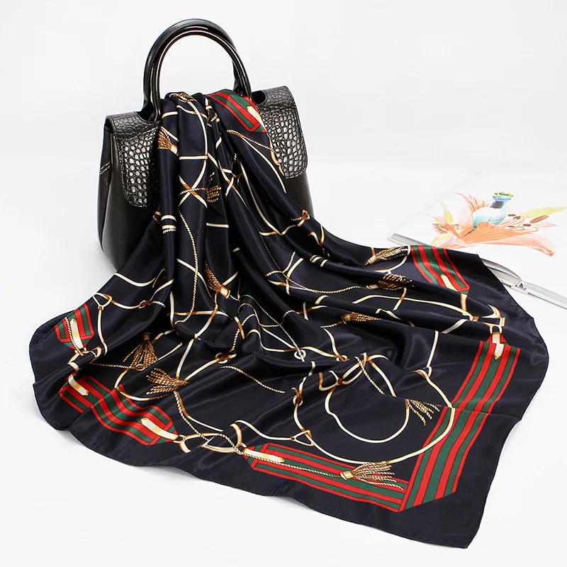 Шелковый шарф с цифровой печатью, модный квадратный головной платок 90 см для женщин, роскошные брендовые шали, женский платок, атласный хиджаб, шарф