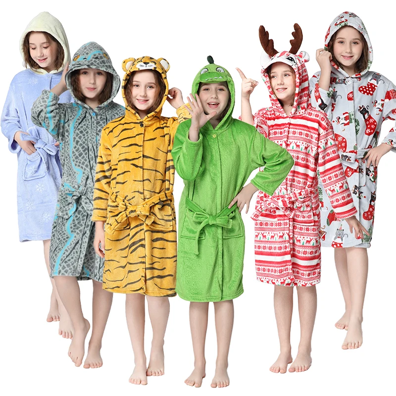 Christmas hooded bathrobe animal soft custom flannel fleece bathrobe carton hoodie bathrobe for kids wholesale