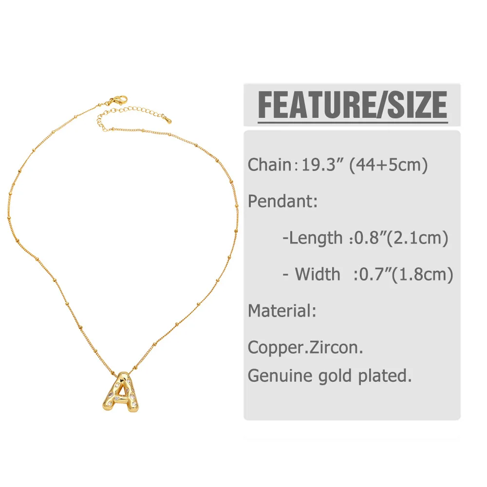 Balloon Bubble Initial Letters White 18K Gold Plated Zircon Non Tarnish Waterproof Pendant Fashion Jewelry Necklaces for Women