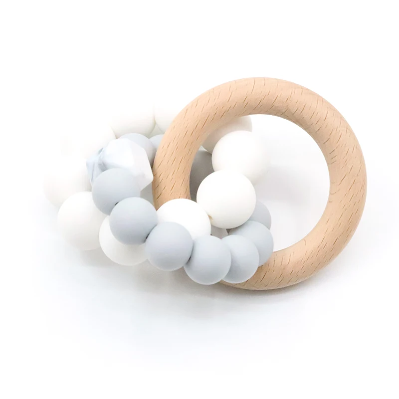 Silicone Beads Natural Wooden Teething Circle Ring Rattle Baby Teething Bracelet