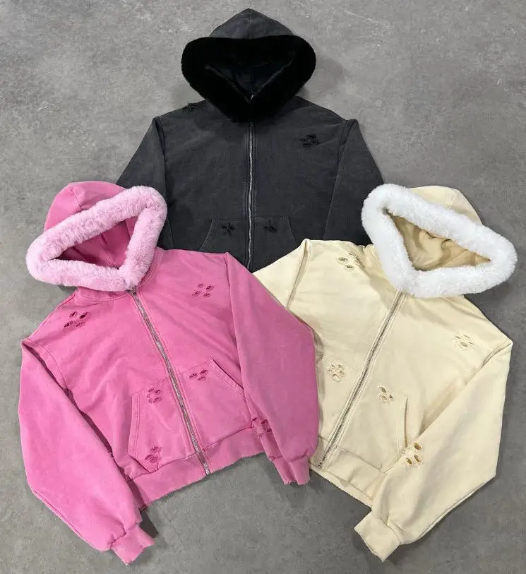 Custom Cotton Hole Tear Men Hoody Fur Hat Hoodie Plain Zip Up Heavy Weight Sun Faded Distressed Acid Washed Hoodies Jackets
