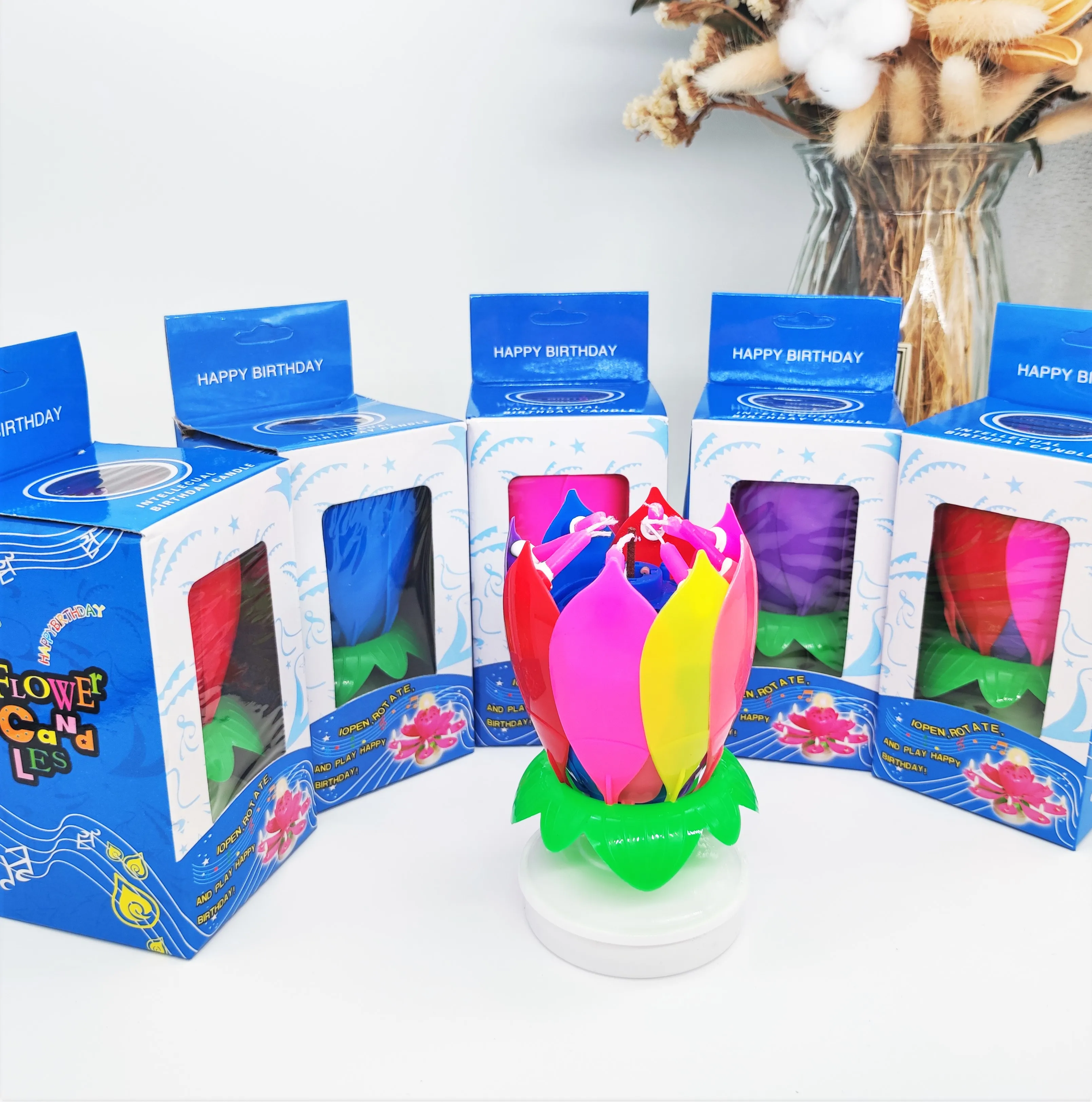 Birthday Cake Music Fountain Sparkler Candles Lotus Flower Decorative Music Wedding Party Cake Topper Candle Opens