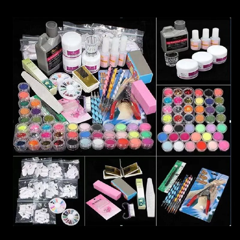 Pro Acrylic Power Manicure Nail Kit Acrylic Liquid Tips Cutter Glitter Rhinestones File Brush Manicure Nail Art Tool Set Gel Kit