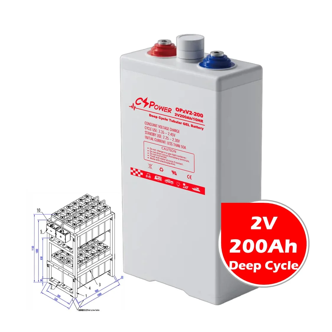 CSPower 2V 200Ah deep cycle Tubular gel opzV Battery for home use storage China supplier OPzV2-200 4OPzV200 ZYL