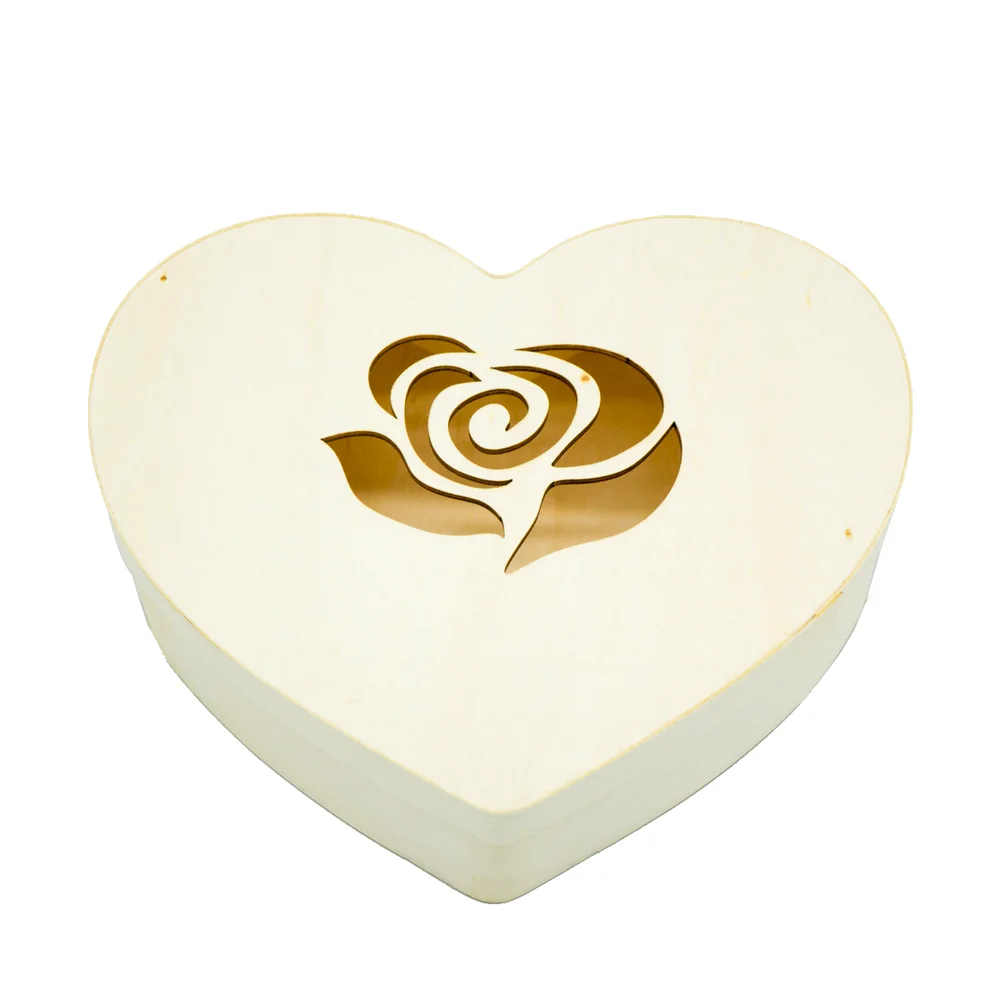 Wholesale Custom Logo Natural Wood Ring Christmas Large Wooden Heart Shaped Gift Packaging Box with Rose Flower Engraved