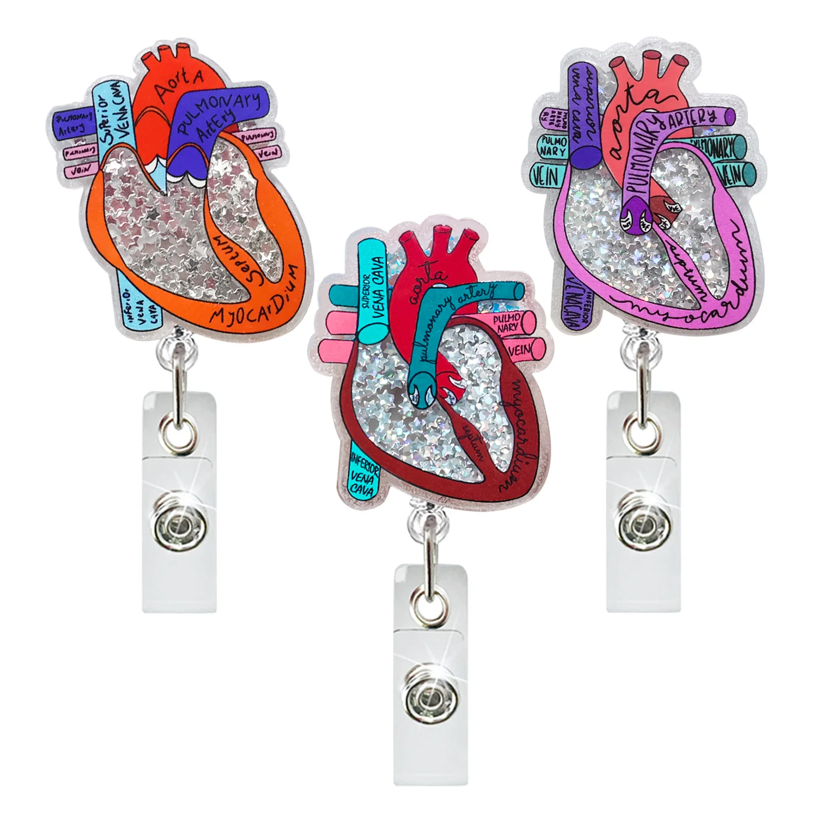 Wholesale Glitter Quicksand Heart Spin Acrylic Badge Reels Cute Present Badge Reel for Doctors, Nurses and Students