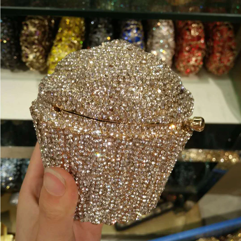 Christmas gift box wedding party bridal cupcake rhinestone sliver yellow gold evening bag bling lady clutch purse for