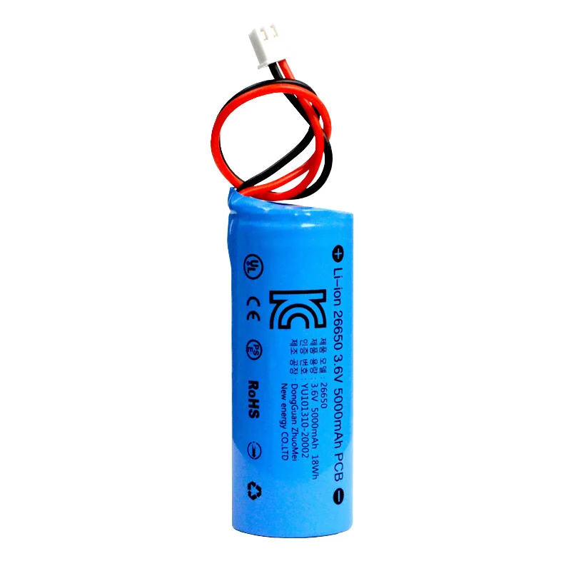 
KC Certificate 26650 battery cell 3.7v 5000mAh Rechargeable 18650 Lithium Li ion battery with side PCM and cable 