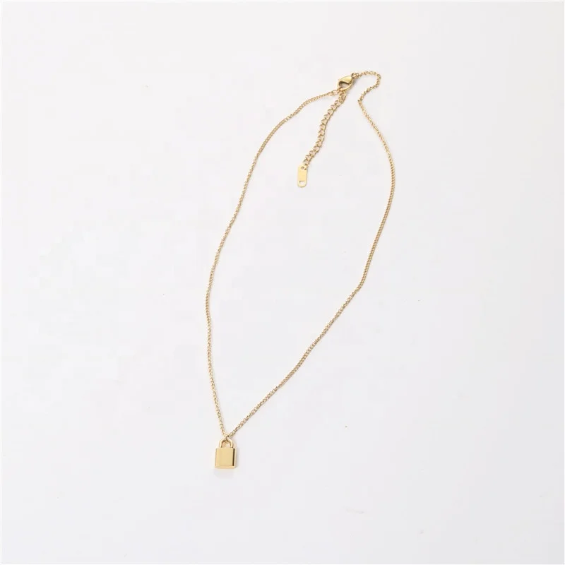 Stainless steel gold plated simple geometric jewelry cute tiny plain padlock lock charms pendant necklace jewelry for women