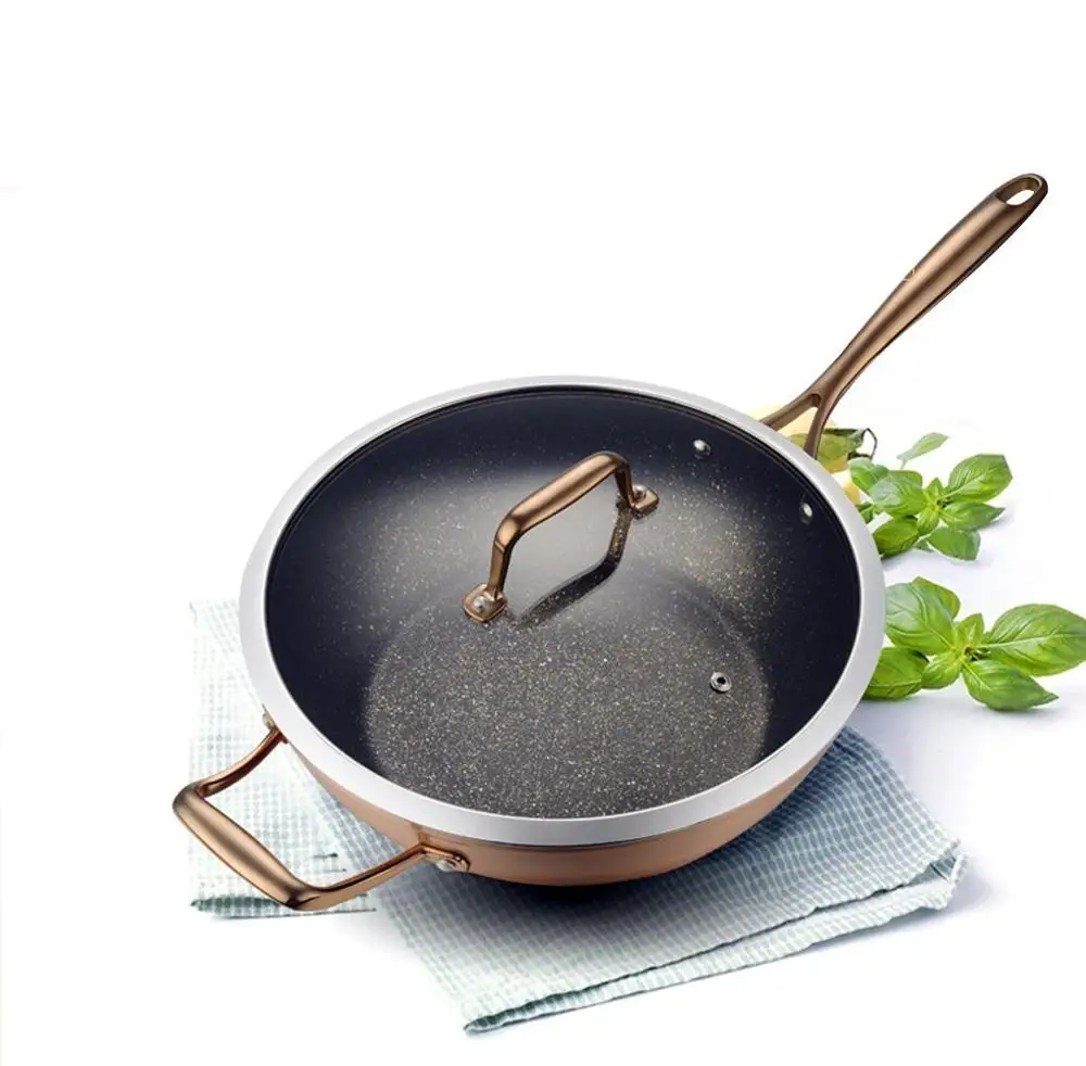 Forged Golden Marble Coating Wok With Lid, Wok Pan
