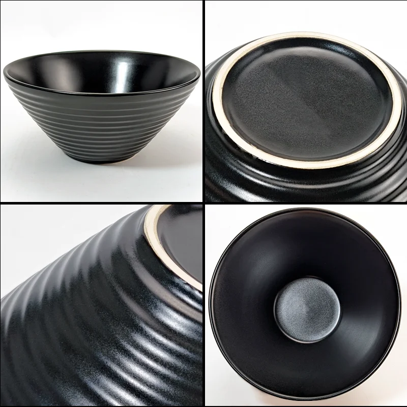 8-дюймовая керамическая винтажная миска рамен с ложкой большая для супа лапшой ложками азиатского Фо-удон соба черный матовый