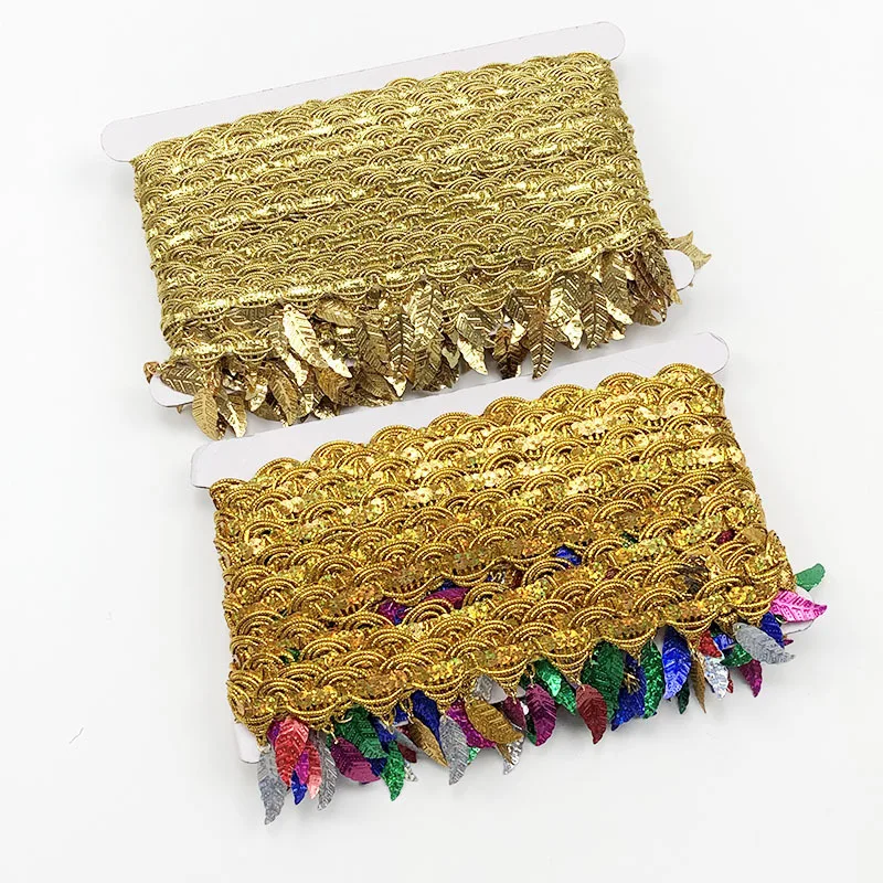 Factory Golden Luxury Leaf Shape Fringe Lace Trim Sequin Laces Fabric For Women Latin Dance Costume Accessories 10yards/roll