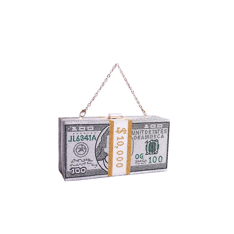 
Fashion Luxury Latest Handmade Metal Chain Crystal Diamond Rhinestone Women Dollar Party Clutch Evening Bag For Wedding 