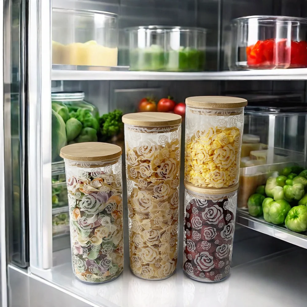 Modern Design Round Glass Stash Jar with Bamboo Lid Airtight Canister for Freshness Preservation for Camping Kitchen Glass