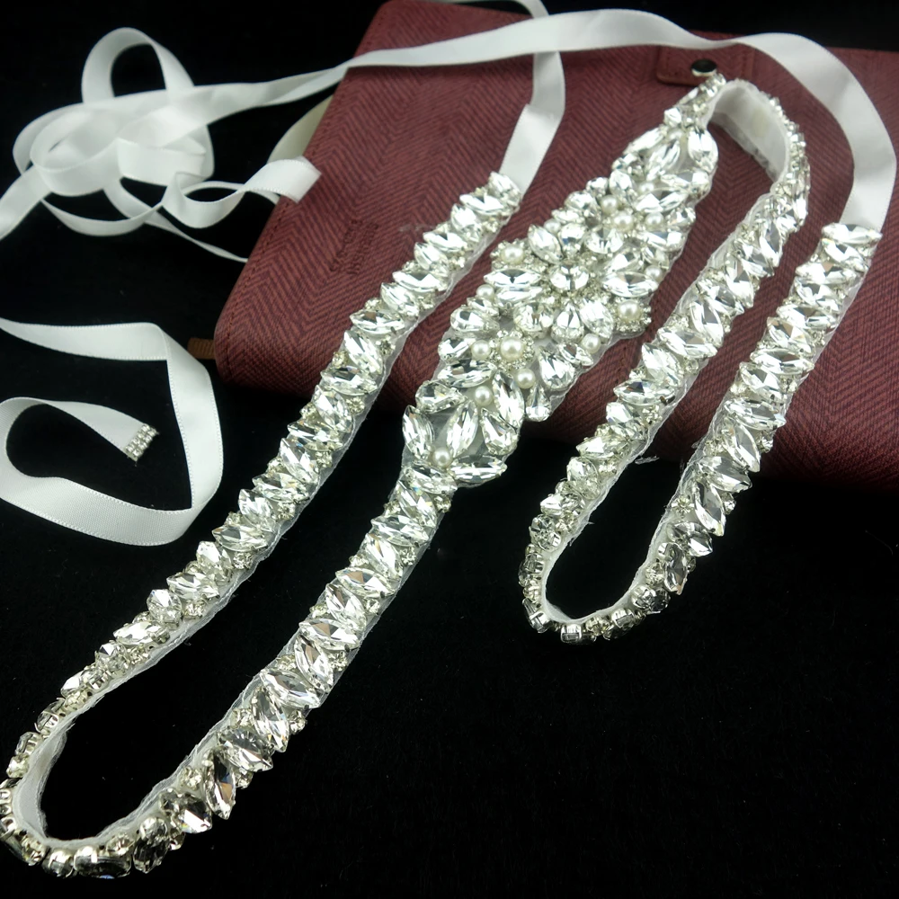 extra long stunning silver  rhinestone and pearl trim crystal bridal wedding belt
