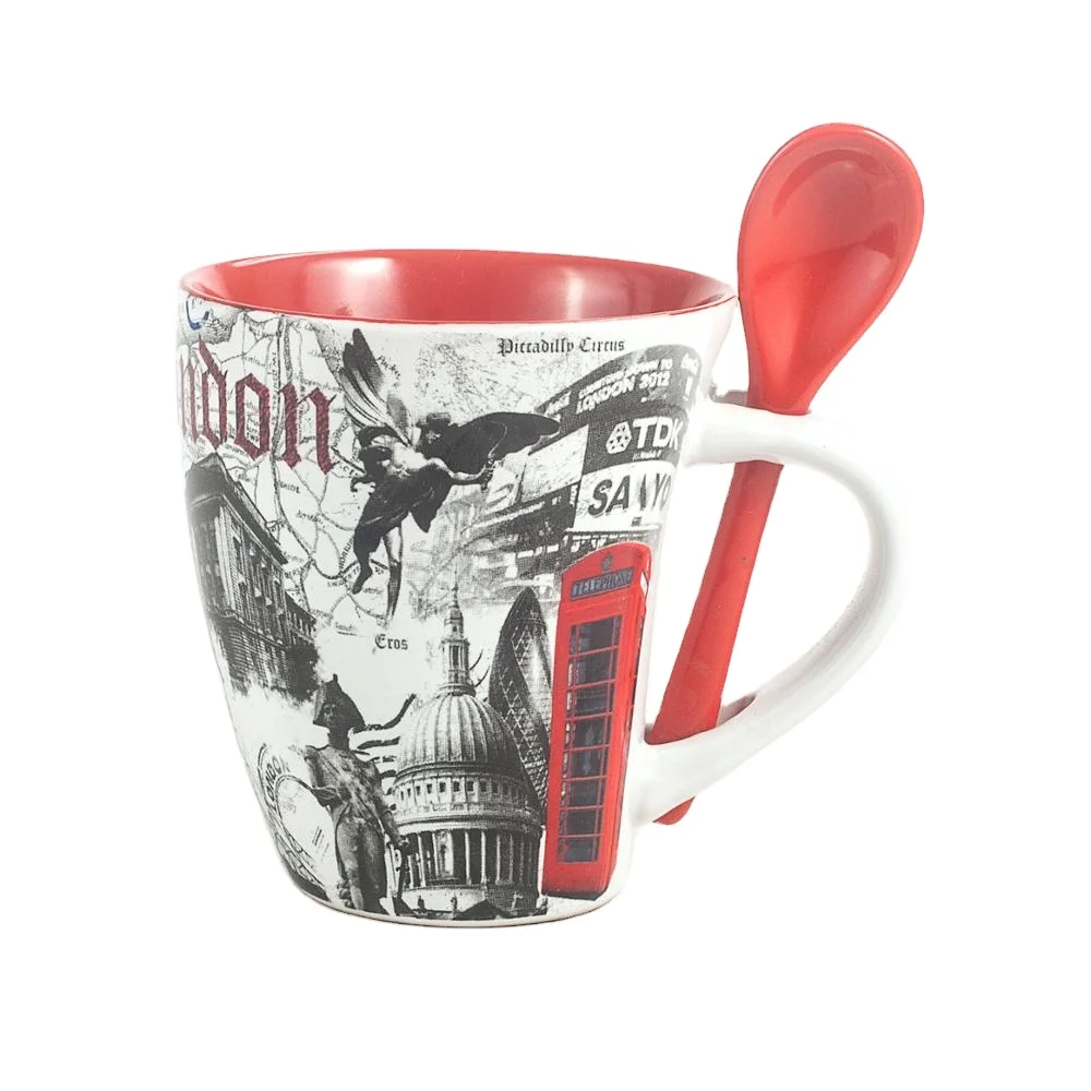 cheap 300ml 10oz london city souvenir inner color mugs set wholesale ceramic coffee mug with spoon