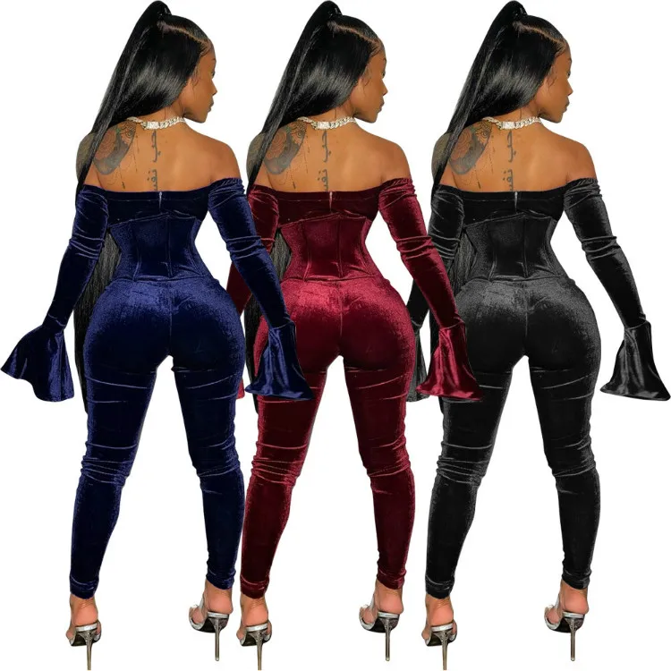 
Sexy Club Wear Jumpsuit Off Shoulder Womens 2 Piece Outfit Bell Sleeve Velvet 2020 Women Two Piece Set 