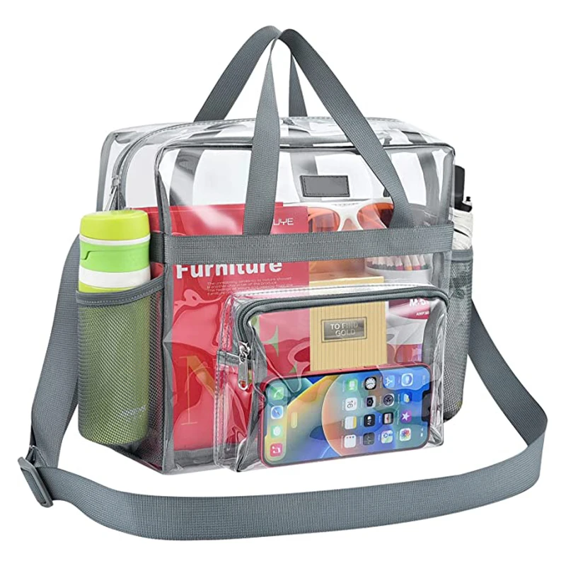 OEM ODM PVC Clear Tote Bag Stadium Approved See Through Lunch Bag with Front Pockets Transparent Totebag for Concerts Handbags